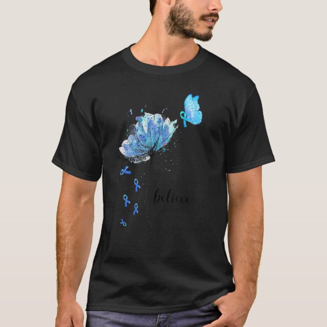 Believe Flower Butterfly Blue Ribbon Diabetes Awar T Shirt (Framsida)