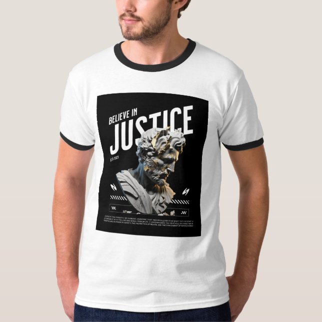 "Believe in Justice" Modern Marble Statue T-Shirt  (Framsida)