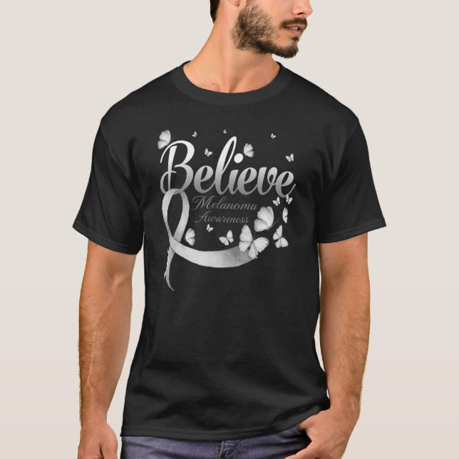 Believe Melanoma Awareness Butterfly T Shirt (Framsida)