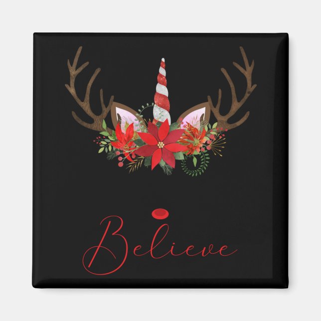 Believe Red White Insettia Reindeer Unicorn T Shir Magnet (Framsidan)
