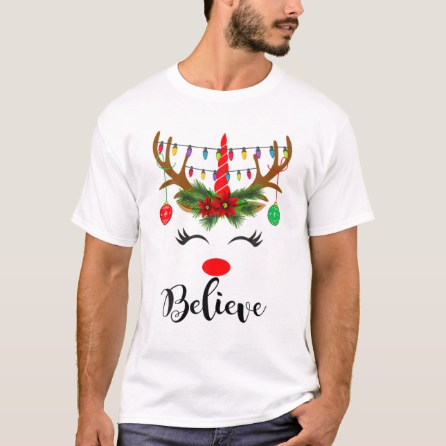 Believe Rudolph The Reindeer Face Light Christmas T Shirt (Framsida)