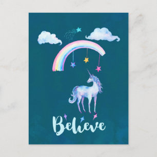 Believe with a Unicorn Under a Rainbow Vykort