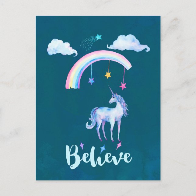 Believe with a Unicorn Under a Rainbow Vykort (Framsida)