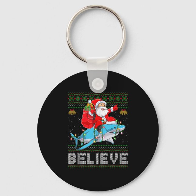 Believe Xmas Funny Santa Riding Shark Ugly Christm Nyckelring (Framsida)