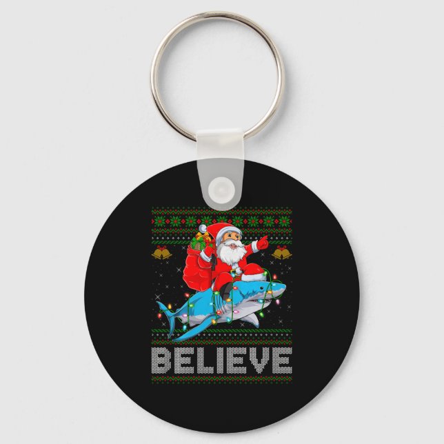 Believe Xmas Funny Santa Riding Shark Ugly Christm Nyckelring (Framsida)