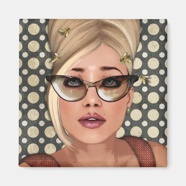Belinda Beehive Retro Chic Square Magnet (Framsidan)