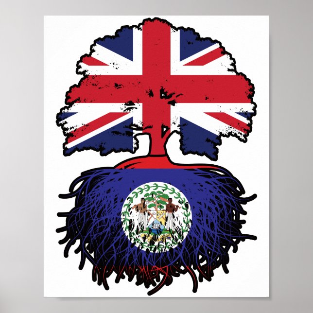Belize Belizean British UK Träd Roots Flagga Poster (Framsidan)