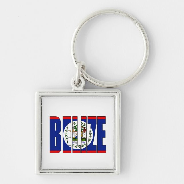 Belize Flagga Fyrkantig Silverfärgad Nyckelring (Framsidan)