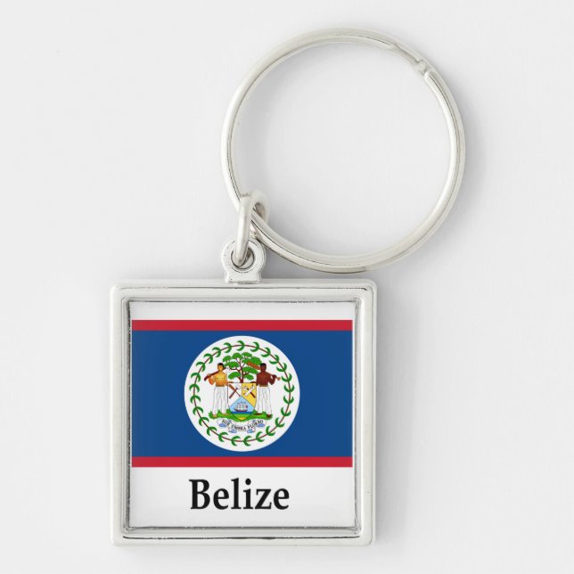 Belize flagga och namn fyrkantig silverfärgad nyckelring (Framsidan)