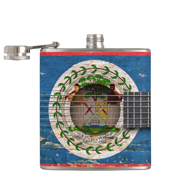 Belize flagga på den gammala akustiska gitarren fickplunta (Öppnad)