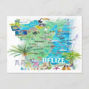 Belize Karibien Illustrerad Reskarta med Vägar Vykort
