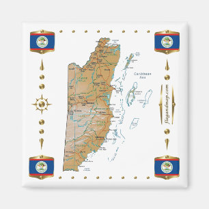 Belize Karta + Flaggor Magnet