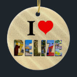 Belize Tropical Sand Beach Travel Foton jul Julgransprydnad Keramik<br><div class="desc">Visa alla dina kärlek för land i Belize med den här prydnaden som innehåller foton av Ambergris Caye,  Caye Caulker och Mayan-ruiner som lagts över en tropisk sandstrandbakgrund.</div>