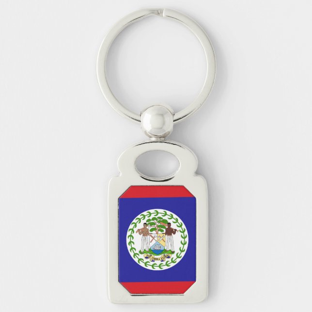 Belizisk flagga rektangulärt silverfärgad nyckelring (Framsidan)