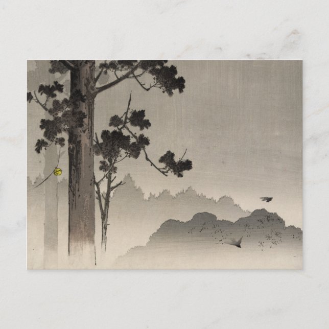 Bell hängande från ett träd-japanskt träblock vykort (Framsida)