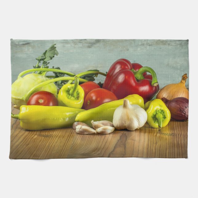 Bell Pepper Onion och Garlic Kitchen Towel Kökshandduk (Horisontell)