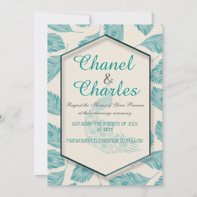 Bella Blue Peacock Geometric Wedding-inbjudan Inbjudningar (Framsida)