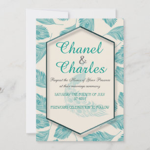 Bella Blue Peacock Geometric Wedding-inbjudan Inbjudningar