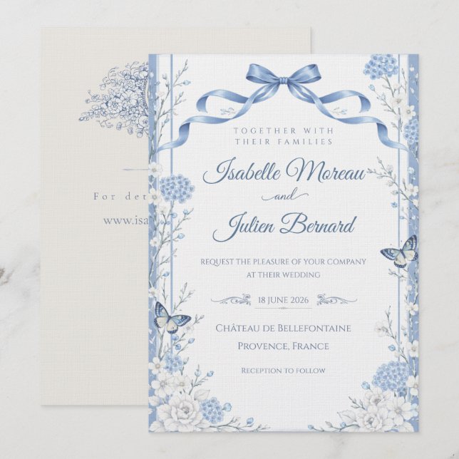 Bellefontaine – Blått Linne Bröllop Inbjudningar (Fram/baksida)
