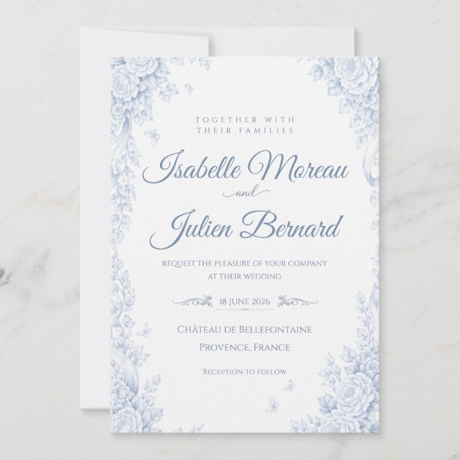 Bellefontaine – French Blue Wedding Inbjudningar (Framsida)