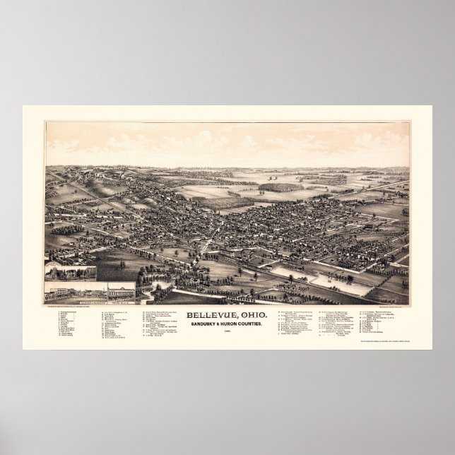 Bellevue, OH Panoramic Karta - 1888 Poster (Framsidan)