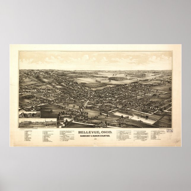 Bellevue Ohio 1888 Antique Panoramic Karta Poster (Framsidan)