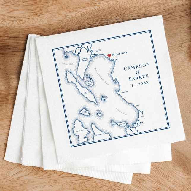 Bellingham Washington Karta Elegant bröllop Pappersservett (Elegant Bellingham Washington Wedding Napkins with navy blue map from Coastal Map Designs)