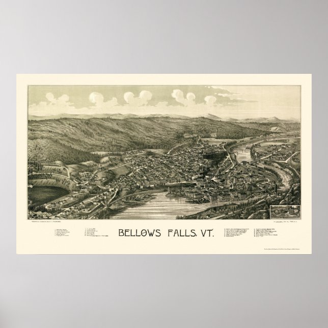 Bellows Falls, VT Panoramic Karta - 1880 Poster (Framsidan)