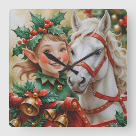 Bells Holly and Horse Christmas Elf Fyrkantig Klocka