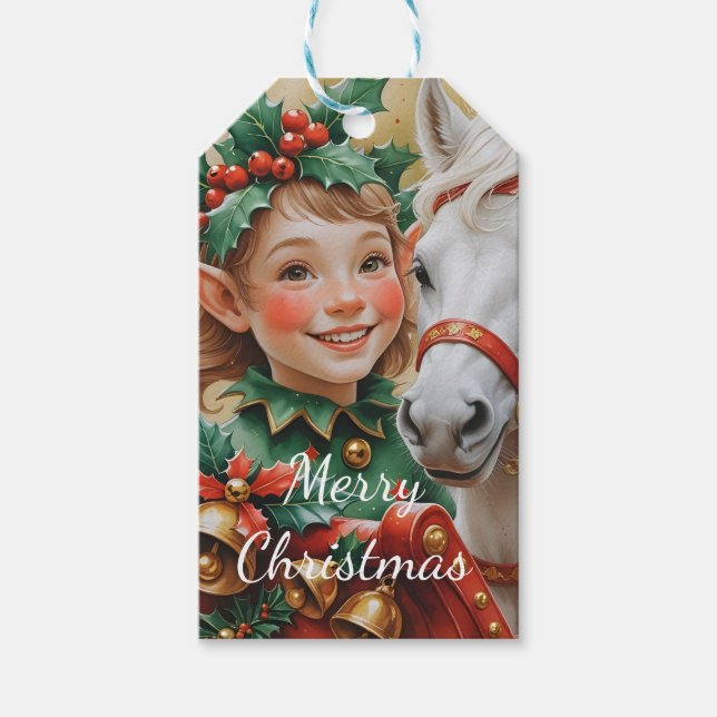 Bells Holly and Horse Christmas Elf Presentetikett (Framsidan)
