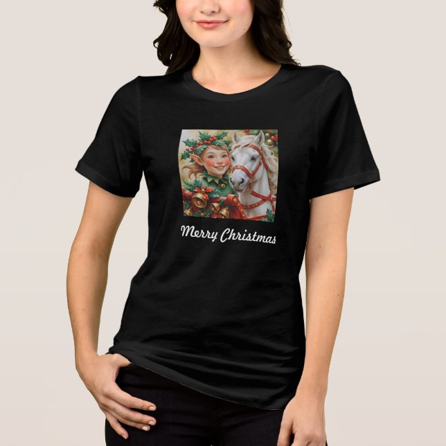 Bells Holly and Horse Christmas Elf T Shirt (Framsida)