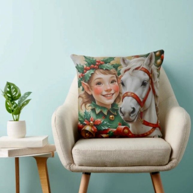 Bells Holly och Häst Jul Tomte Kudde (Throw Pillow 100% polyester heavyweight stretch material. Hidden zipper Made in the USA.
)