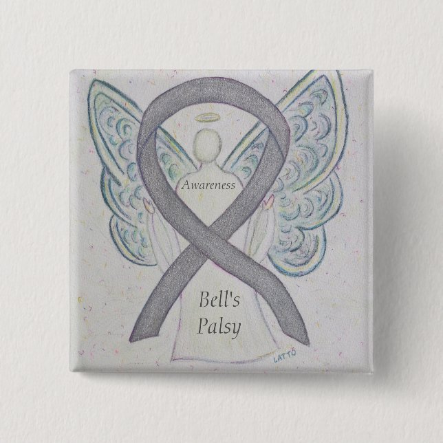 Bells Palsy Awareness Ribbon Angel Art Pin Knapp (Framsida)