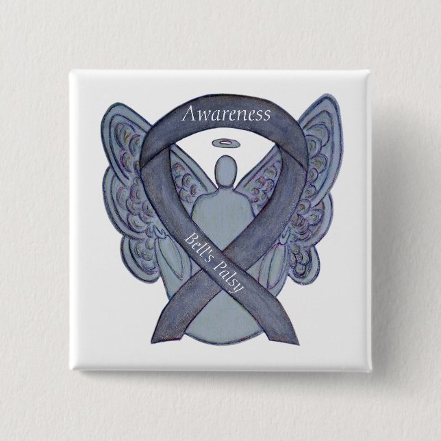 Bells Palsy Silver Awareness Ribbon Angel Art Pin Knapp (Framsida)