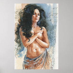 Belly dancer kvinna, vattenfärgen porträtt poster