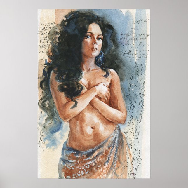 Belly dancer kvinna, vattenfärgen porträtt poster (Framsidan)