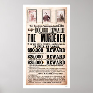 Belöningaffisch för Lincolns lönnmord 1865 Poster