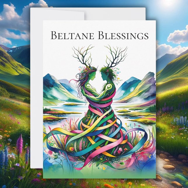 Beltane Blessings Pagan Wiccan Flat Helgdag Card Julkort (beltane blessings pagan wiccan witch holiday greeting card featured in front of mountains)