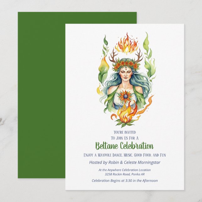 Beltane-eld sommar-gudinna floral sabbat-fest inbjudningar (Fram/baksida)