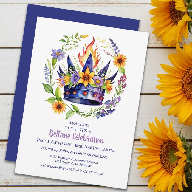 Beltane Eldkrona Sommar Blommig Sabbat Fest Inbjudningar (Beltane Fire Crown Summer Floral Sabbat Party Invitation by the Pagan Holidays shop)