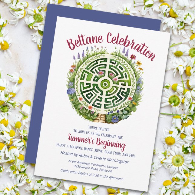 Beltane keltisk trädgård labyrint sabbat-fest inbjudningar (Beltane Celtic Garden Labyrinth Sabbat Party Invitation by the Pagan Holidays shop)
