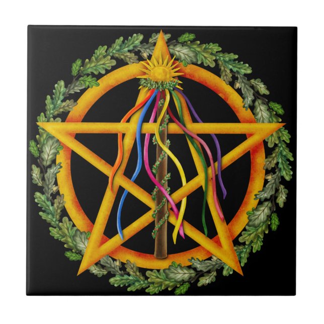 Beltane Maypole & Oak Lövs | Wiccan Altar Tile Kakelplatta (Framsidan)