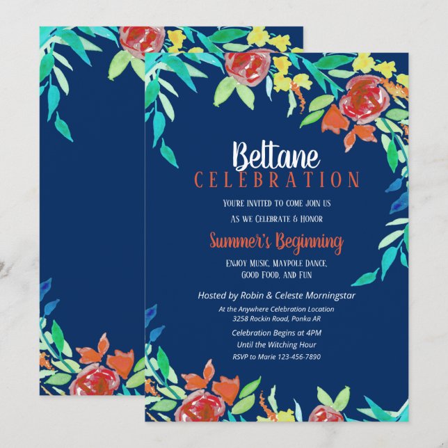 Beltane Summer Flowers Wicca Watercolor Blue Inbjudningar (Fram/baksida)
