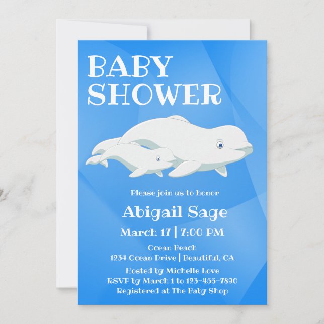 Beluga Whale Blue, White Arktis Ocean Baby Shower Inbjudningar (Framsida)