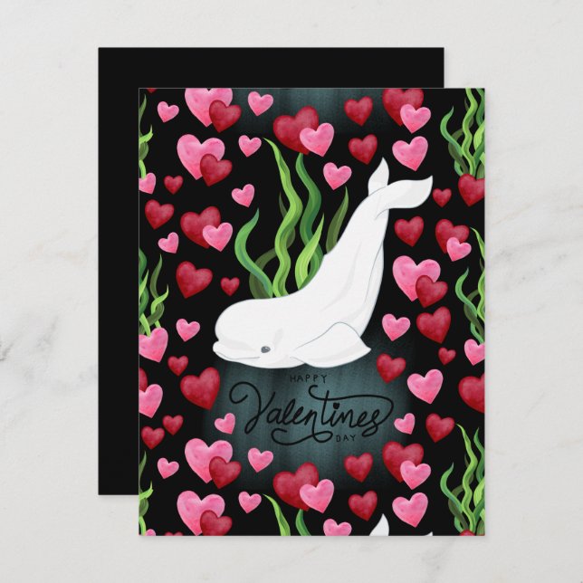 Beluga Whale Love Valentine’s Day Card in Black Anteckningskort (Fram/baksida)