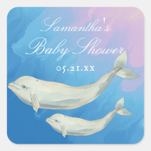 Beluga Whale Mamma och Calf Baby Shower Fyrkantigt Klistermärke