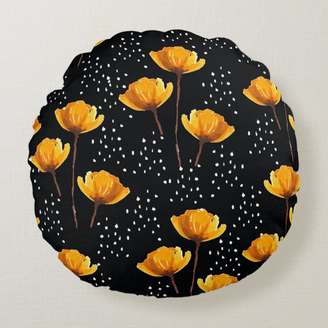 Belysande blomma och polka dots illustration mönst rund kudde (Framsidan)