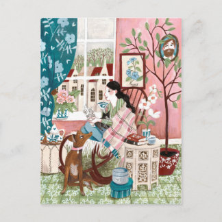 Belysande rosa mysiga hemläsningsillustration vid  vykort