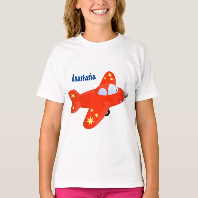 Belysning av flygande tecknad i Cute Red flygplan T Shirt (Framsida)