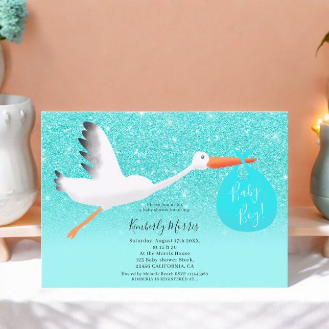 Belysning för påsen Stork glitter vid pojke dusch Inbjudningar (Stork glitter bag illustration baby boy shower invitation)